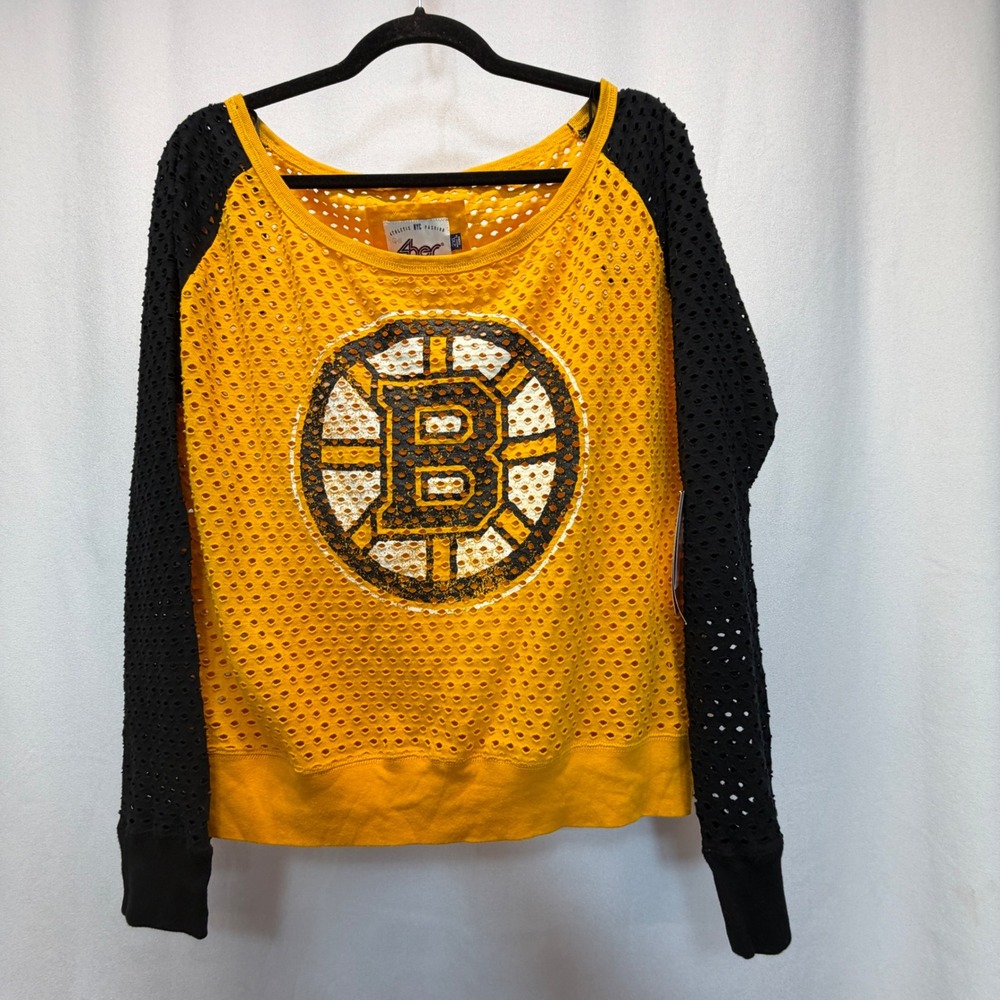 Boston Bruins NHL Womens 2X LG-III Sports Yellow Black Eyelet Mesh Top Shirt NEW